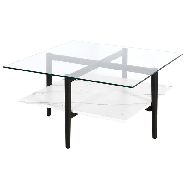 Homeroots 32" White And Black Glass And Steel Square Coffee Table With Shelf   521993