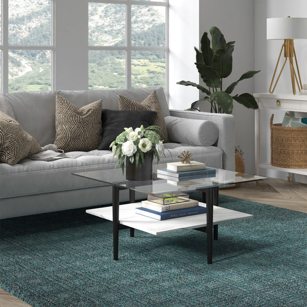 Homeroots 32" White And Black Glass And Steel Square Coffee Table With Shelf   521993