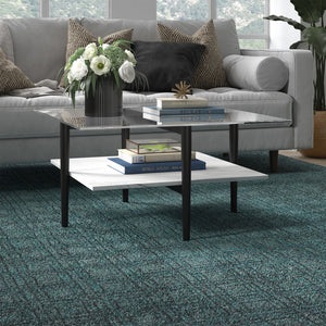 Homeroots 32" White And Black Glass And Steel Square Coffee Table With Shelf   521993