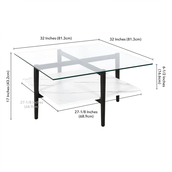 Homeroots 32" White And Black Glass And Steel Square Coffee Table With Shelf   521993