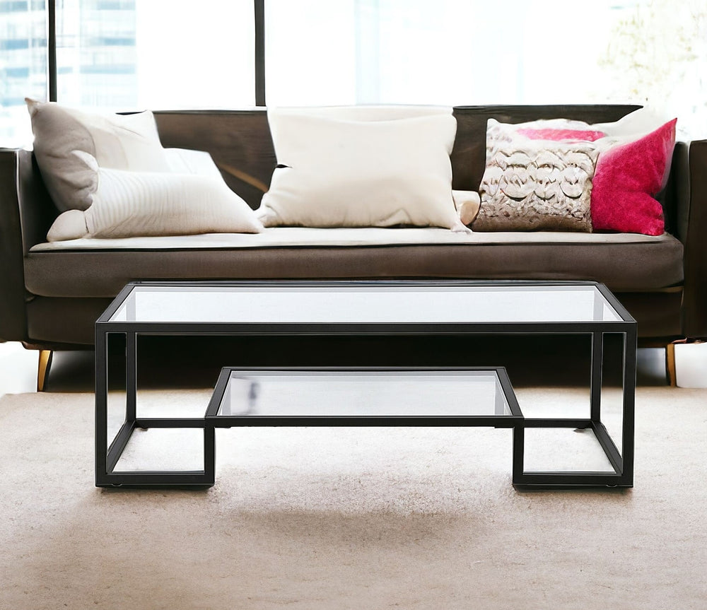 Homeroots 54" Black Glass And Steel Coffee Table With Shelf   521998