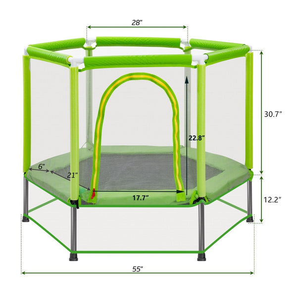 English Elm 55'' Kids Trampoline with Galvanized Steel Frame Foam Padded Enclosure and Ocean Balls Green MX314556AAF