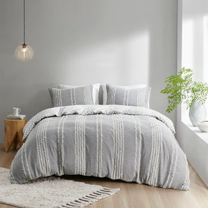 JLA Home INK+IVY - 3 INK+IVY Kara Cotton Jacquard Mini Duvet Cover Set - Reversible Striped & Diamond Print, OEKO-TEX Certified Comfort Gray II12-1272