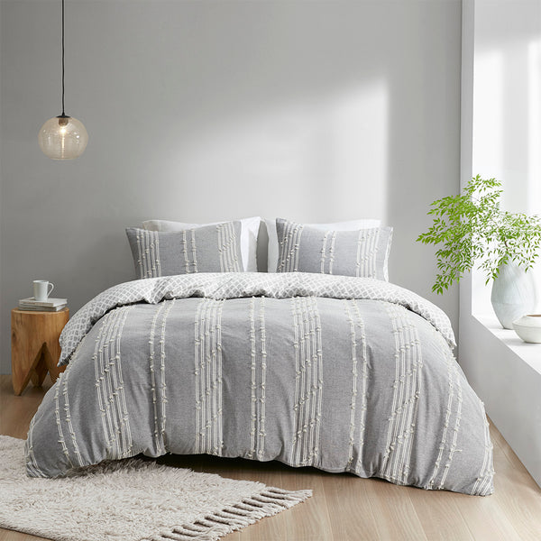 JLA Home INK+IVY - 3 INK+IVY Kara Cotton Jacquard Mini Duvet Cover Set - Reversible Striped & Diamond Print, OEKO-TEX Certified Comfort Gray II12-1272