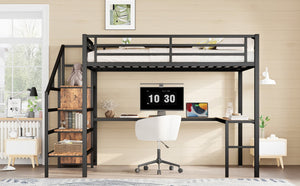 English Elm Queen Size Loft Bed With L-Shaped Desk, Usb Ports & Led Light - Modern Metal Frame For Stylish Spaces W1580S00180-GIGA