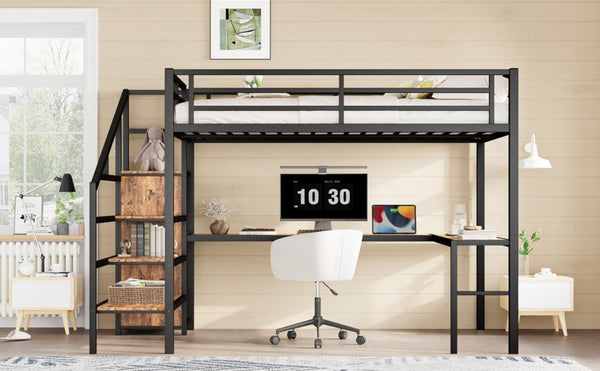 English Elm Queen Size Loft Bed With L-Shaped Desk, Usb Ports & Led Light - Modern Metal Frame For Stylish Spaces W1580S00180-GIGA