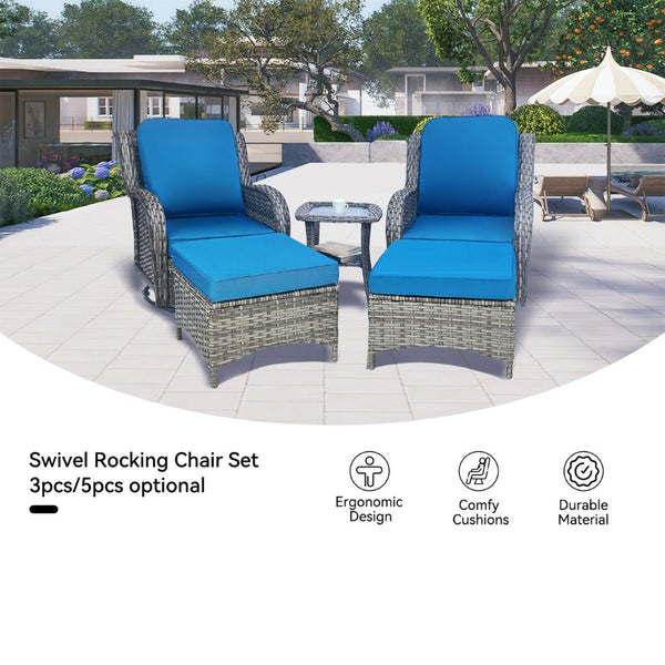 English Elm Wicker 5-Piece Patio Furniture Set - Elegant Rattan Sectional With Swivel Rocking Chairs & Ottomans W213S00048-GIGA
