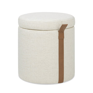 English Elm Jennifer Taylor Home - Brandy Compact 14" Round Upholstered Storage Ottoman with Leather Accent Tab, Linen Neutral Chic White B2719P269255