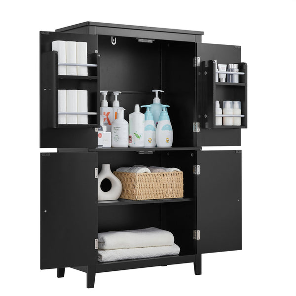 English Elm Elegant Bathroom Floor Storage Cabinet with 4 Doors, Adjustable Shelves, Anti-Tip Design, 28"L x 15"W Black N725P188461B
