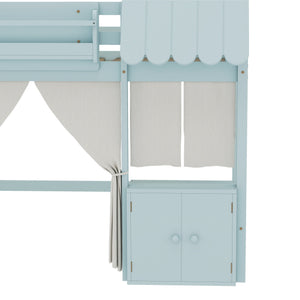 English Elm Twin Loft Bed Cottage-Style Playhouse with Built-In Bookshelf, Curtain & Storage, Safe Guardrails Light Blue W1580S00357