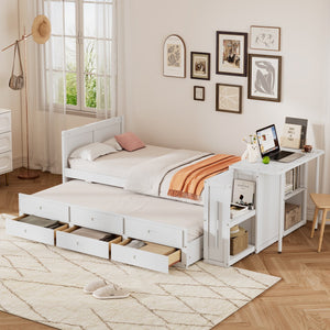 English Elm Twin Multifunctional Wood Platform Bed with Built-In Desk, Trundle & 3 Drawers for Small Spaces White 44.3 L x 23.1 W x 9 H N733S212832K