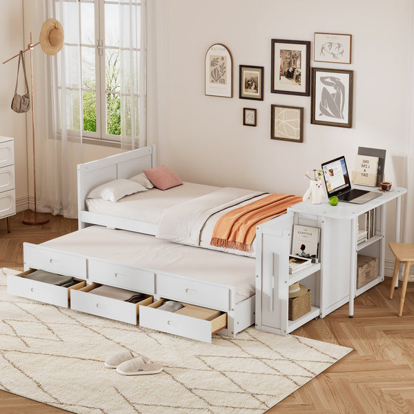 English Elm Twin Multifunctional Wood Platform Bed with Built-In Desk, Trundle & 3 Drawers for Small Spaces White 44.3 L x 23.1 W x 9 H N733S212832K