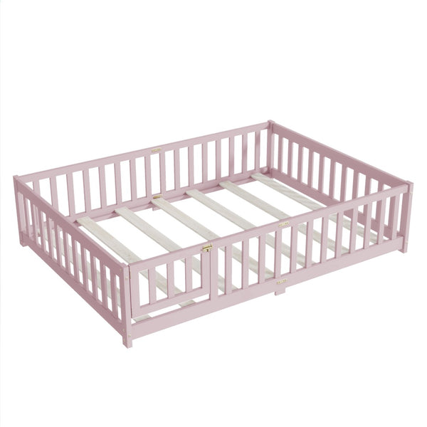 English Elm Full Size Rubberwood Floor Bed with Safety Guardrails and Latching Door for Toddlers Pink W504P429304