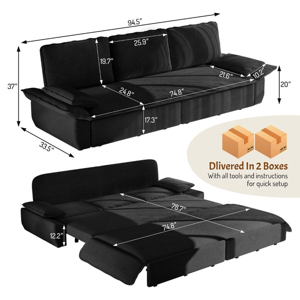 English Elm 94.5" King Convertible Sleeper Sofa Corduroy Upholstered Chaise Lounge Guest Room Bed Black W1885S00404