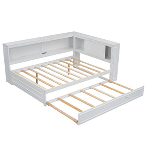 English Elm Full Pine Daybed with Trundle Sliding Storage Shelves Led Lighting and Usb Charging White GX004003AAK