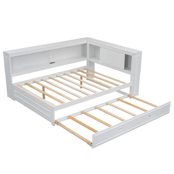 English Elm Full Pine Daybed with Trundle Sliding Storage Shelves Led Lighting and Usb Charging White GX004003AAK