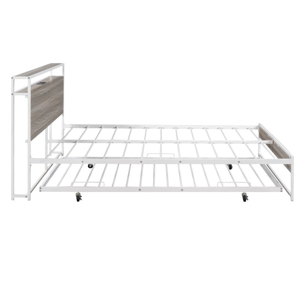 English Elm Queen Steel Platform Bed with Trundle Headboard Shelves and Built-in Usb Charging N708P477431K