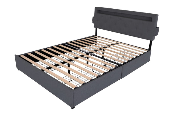 English Elm Queen Upholstered Bed Frame with Headboard, USB Charging, RGB LED Lights & 4 Storage Drawers, Dark Gray W1960P175566