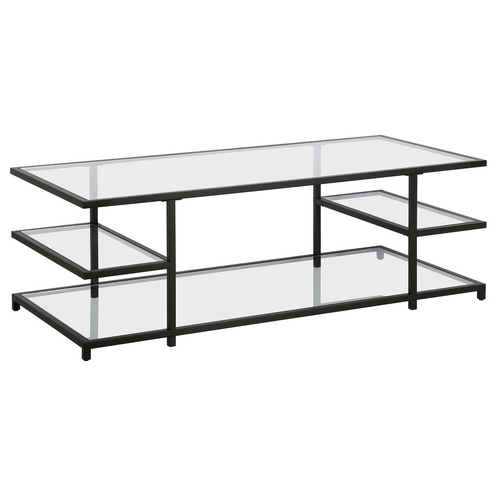 Homeroots 54" Black Glass And Steel Coffee Table With Three Shelves   522000