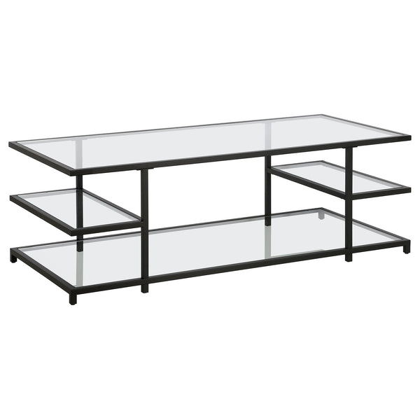 Homeroots 54" Black Glass And Steel Coffee Table With Three Shelves   522000