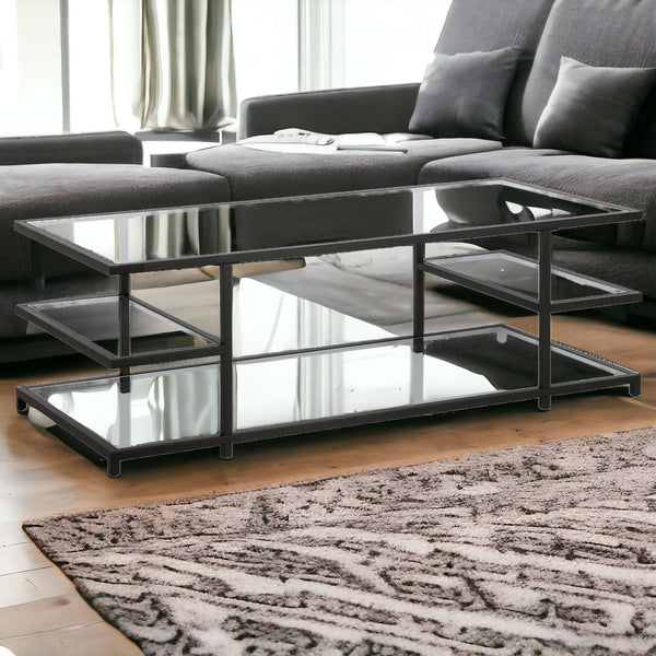 Homeroots 54" Black Glass And Steel Coffee Table With Three Shelves   522000