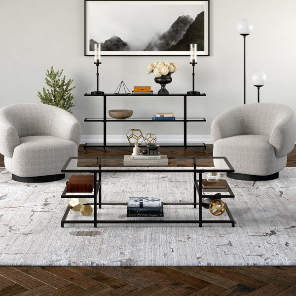 Homeroots 54" Black Glass And Steel Coffee Table With Three Shelves   522000