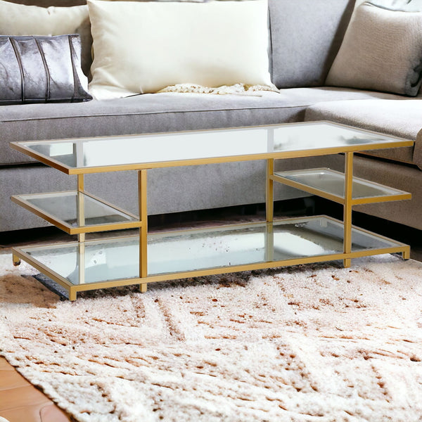 Homeroots 54" Gold Glass And Steel Coffee Table With Three Shelves   522001