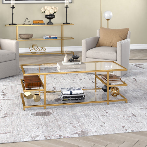 Homeroots 54" Gold Glass And Steel Coffee Table With Three Shelves   522001