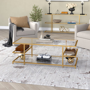 Homeroots 54" Gold Glass And Steel Coffee Table With Three Shelves   522001