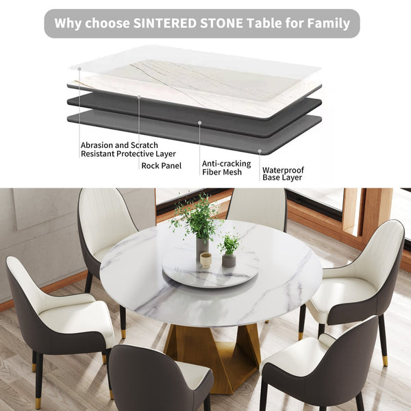 English Elm 53" Round Marble Dining Table with Sintered Stone Top and Iron Pedestal Base, Seating for 6, 400 lb Capacity Bronze,White W1535S00568