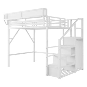English Elm Full Size Loft Bed With Stairs & Shelves - Stylish Metal High Loft Bed For Kids & Teens, White Finish W2580S00032