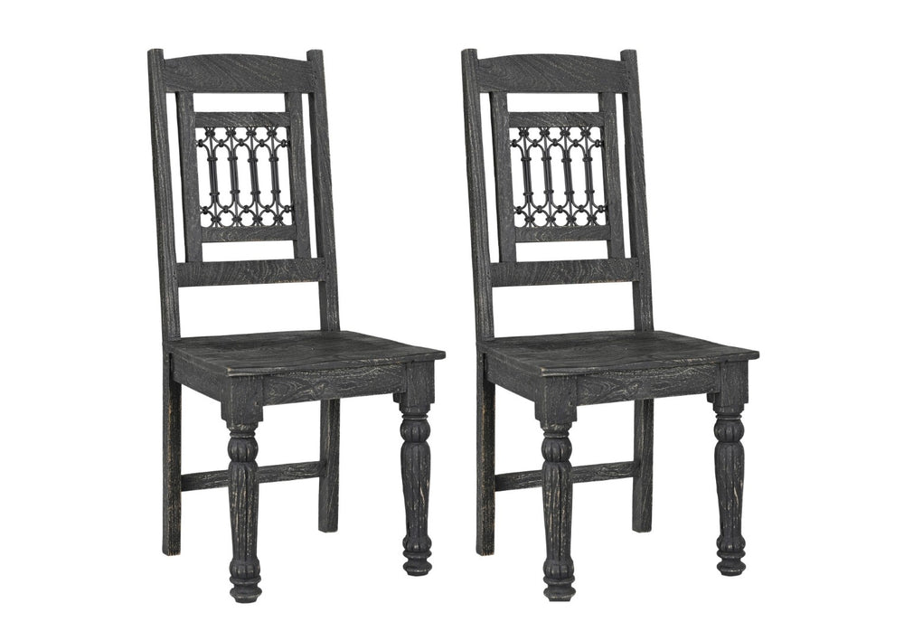 HomeRoots Set of Two Rustic Black Wood Slat Back Dining Chairs - Handcrafted Mango Wood, Vintage Charm & Durability 522057