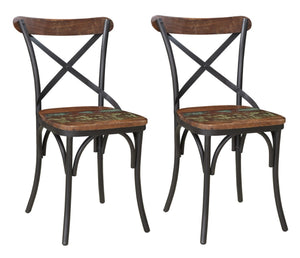 HomeRoots Set of Two Stylish Cross-Back Dining Chairs - Rustic Industrial Metal & Wood Accent Seating 522062