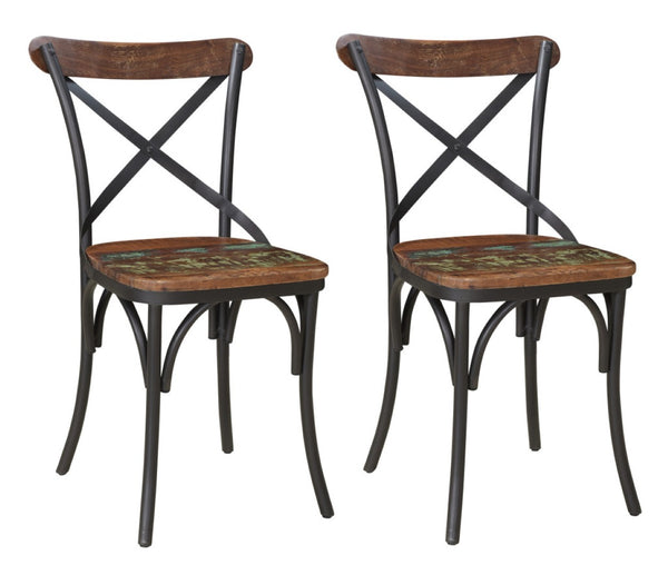 HomeRoots Set of Two Stylish Cross-Back Dining Chairs - Rustic Industrial Metal & Wood Accent Seating 522062