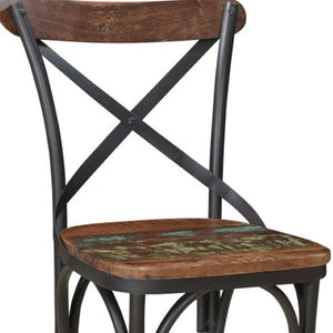 Homeroots Set Of Two Rustic Brown And Black Metal Wood Dining Chairs With Unique Cross Back Design   522062
