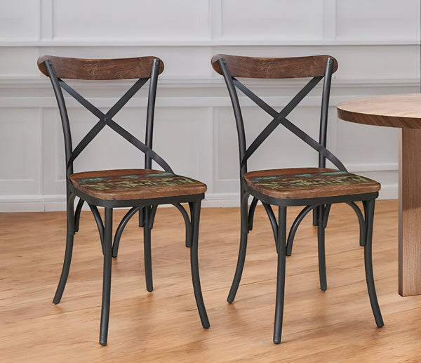 Homeroots Set Of Two Rustic Brown And Black Metal Wood Dining Chairs With Unique Cross Back Design   522062