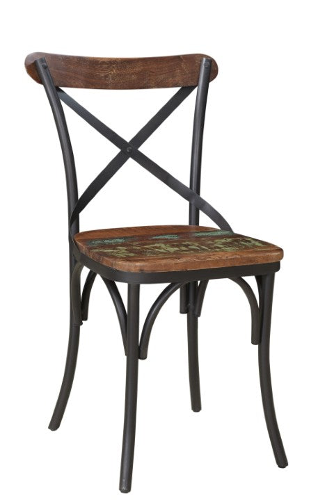 Homeroots Set Of Two Rustic Brown And Black Metal Wood Dining Chairs With Unique Cross Back Design   522062