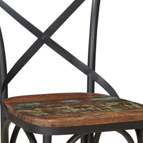 Homeroots Set Of Two Rustic Brown And Black Metal Wood Dining Chairs With Unique Cross Back Design   522062