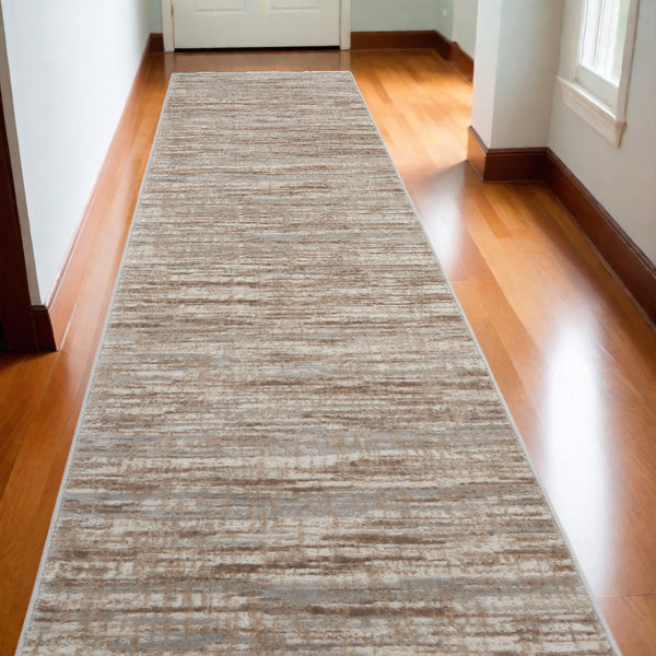 Homeroots 14' Runner Brown And Ivory Abstract Power Loom Runner Rug  Polypropylene,Polyester 522073