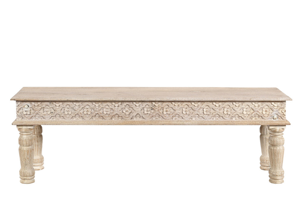 Homeroots 58" White Floral Distressed Solid Wood Dining Bench  Solid Wood 522088