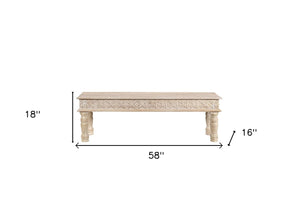 Homeroots 58" White Floral Distressed Solid Wood Dining Bench  Solid Wood 522088