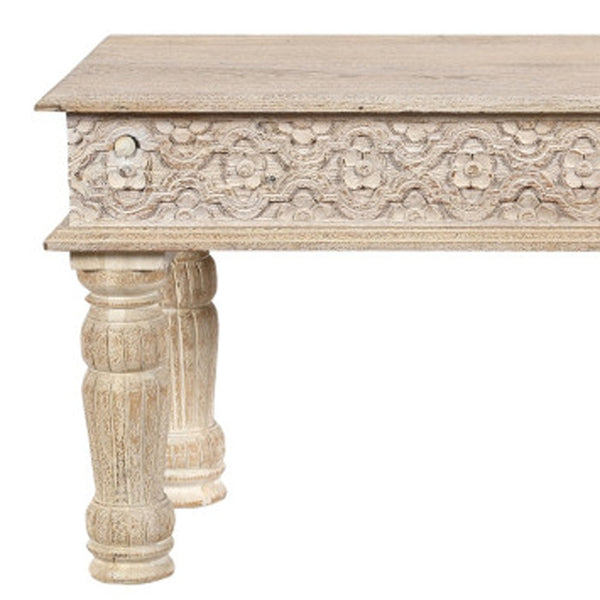 Homeroots 58" White Floral Distressed Solid Wood Dining Bench  Solid Wood 522088