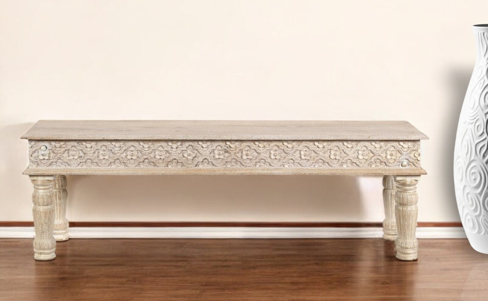 Homeroots 58" White Floral Distressed Solid Wood Dining Bench  Solid Wood 522088