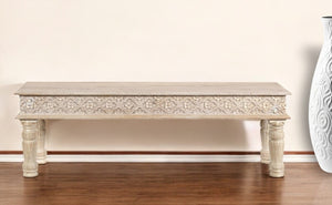 Homeroots 58" White Floral Distressed Solid Wood Dining Bench  Solid Wood 522088