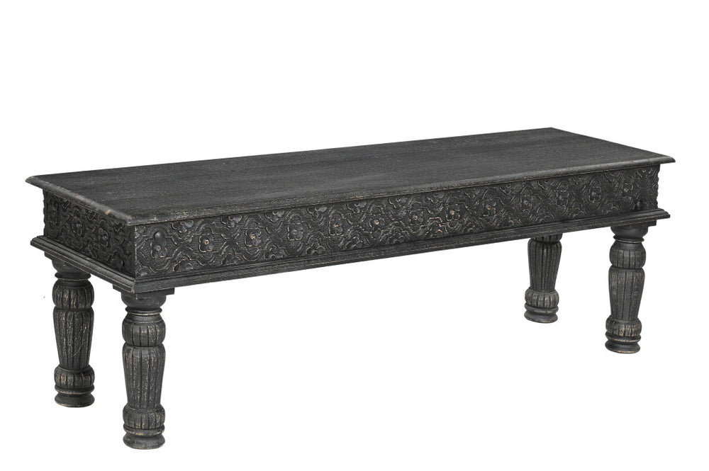 Homeroots 58" Black Floral Distressed Solid Wood Dining Bench  Solid Wood 522089