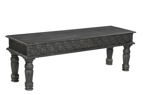 Homeroots 58" Black Floral Distressed Solid Wood Dining Bench  Solid Wood 522089