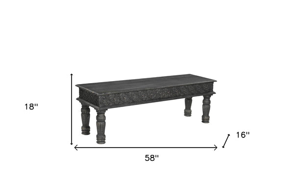 Homeroots 58" Black Floral Distressed Solid Wood Dining Bench  Solid Wood 522089