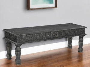 Homeroots 58" Black Floral Distressed Solid Wood Dining Bench  Solid Wood 522089
