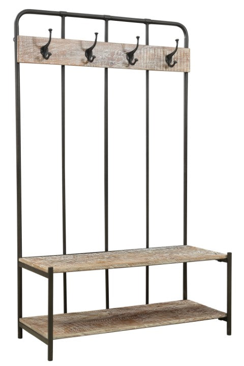 Homeroots 71" Freestanding Coat Rack With 4 Hooks, Bench, And Bottom Shelf - Rustic Chic Storage Solution   522090