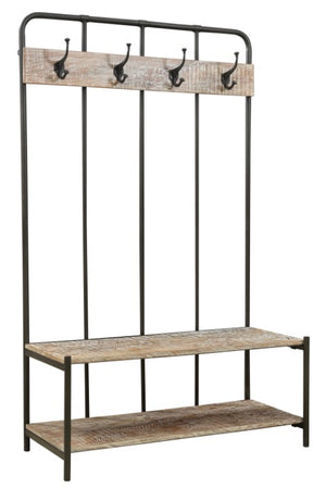 Homeroots 71" Freestanding Coat Rack With 4 Hooks, Bench, And Bottom Shelf - Rustic Chic Storage Solution   522090